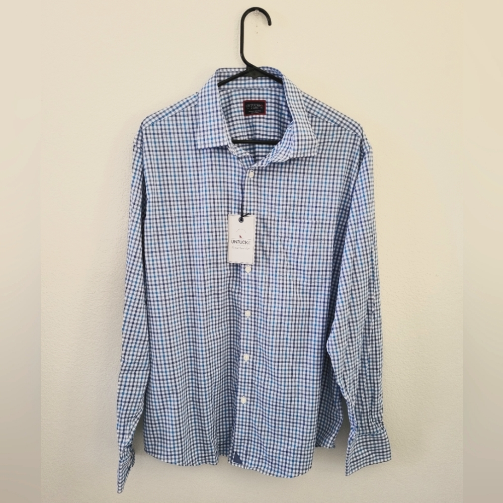 New Untuckit Wrinkle Free Mens Xl Long Sleeve Button Down Blue Plaid